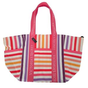 NWT Victoria's Secret Pink Rainbow Striped Large Weekender Canvas Beach Tote Bag